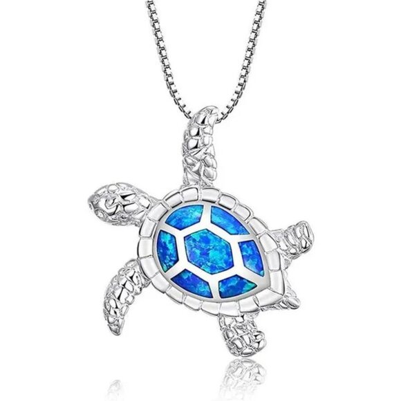 Silver and Hawaiian Blue Opal Sea Turtle Pendant Fashion Necklace NWOT - Picture 9 of 9